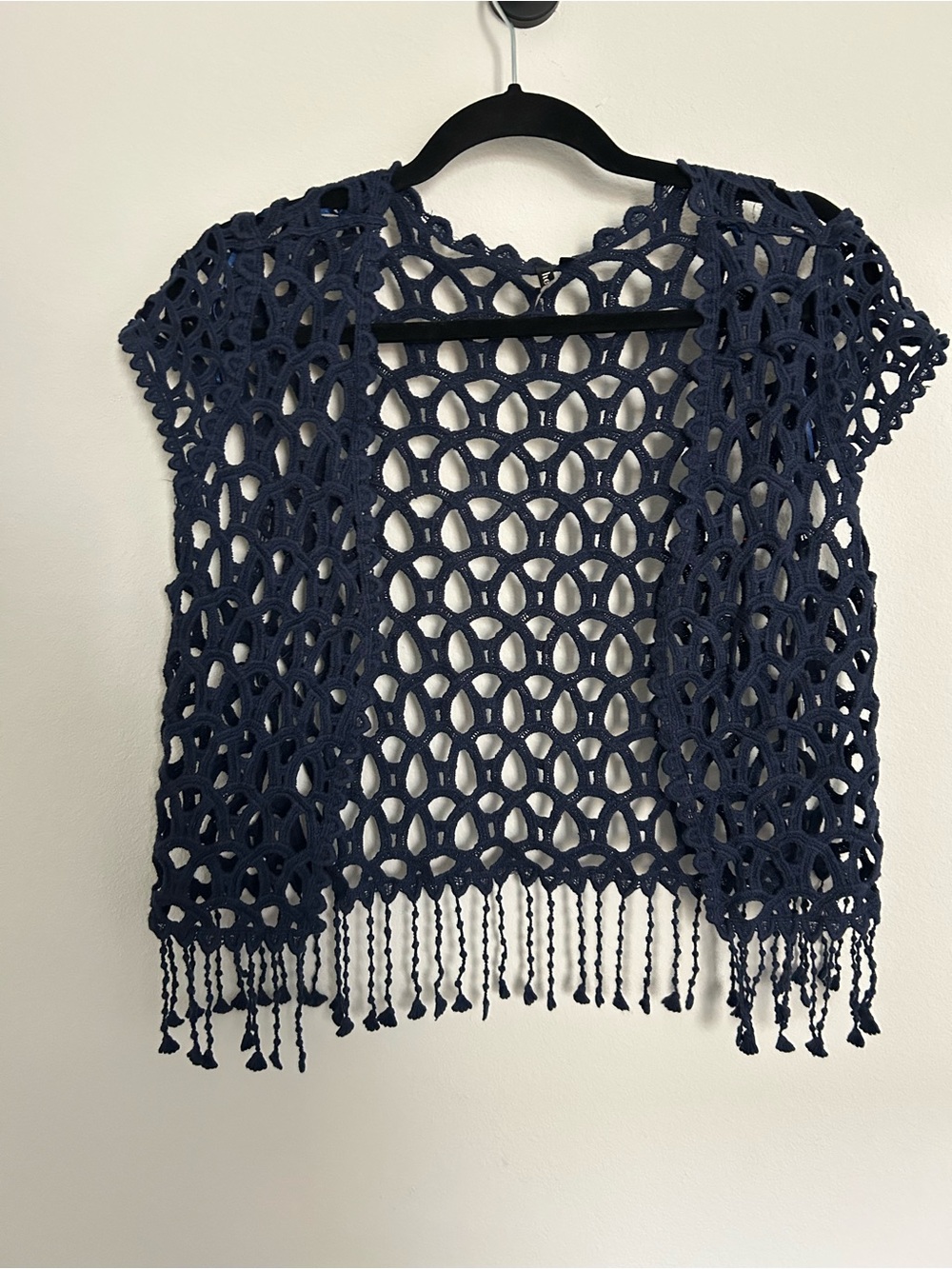 Navy Open-Knit Crochet Fringe Women's Top